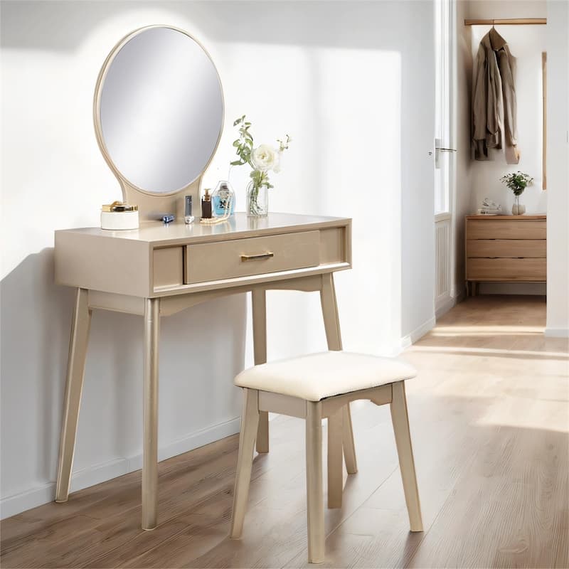 Contemporary Wood Vanity Set with Mirror and Stool