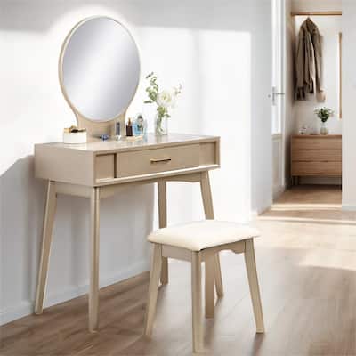 Contemporary Wood Vanity Set with Mirror and Stool