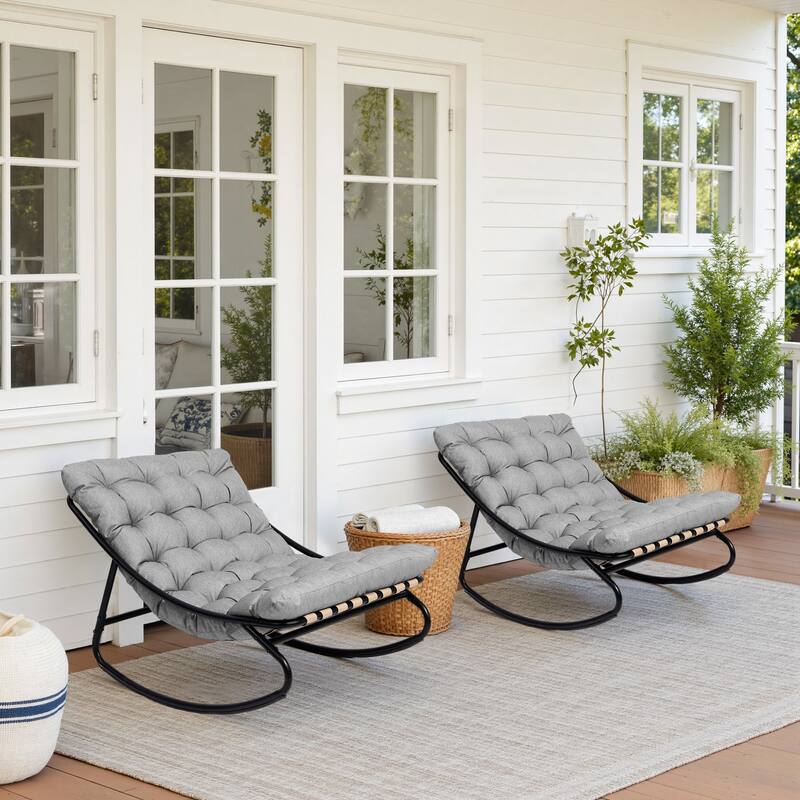Outdoor Metal Frame Rocking Chair with Water-Resistant Cushions - Light Gray/2 Set - 2 Set