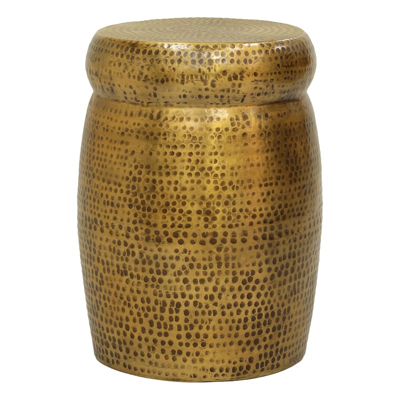 Kvira Round Drum Side End Table Artisan Hammered Embossed Texture Antique Gold Brass Finish