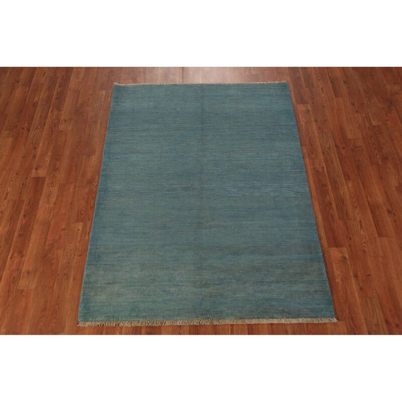 Striped Blue Gabbeh Oriental Rug Hand-Knotted Wool Carpet - 3'8" x 5'1"