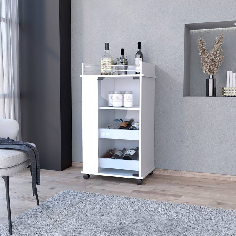 Willow Park Glass Door Bar Cart with Bottle Holder and Casters White - White