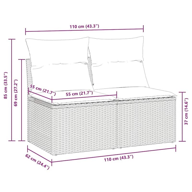 vidaXL Patio Sofa Set with Cushions Modular Sofas 2 Piece Poly Rattan Acacia - 21.7 x 24.4 x 27.2