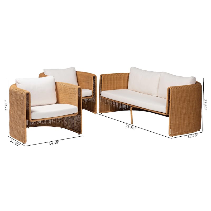 Carina Natural Rattan 3-Piece Living Room Set - Lounge Sofa and Armchairs with Handwoven U-Shaped Design for Modern Boho Spaces