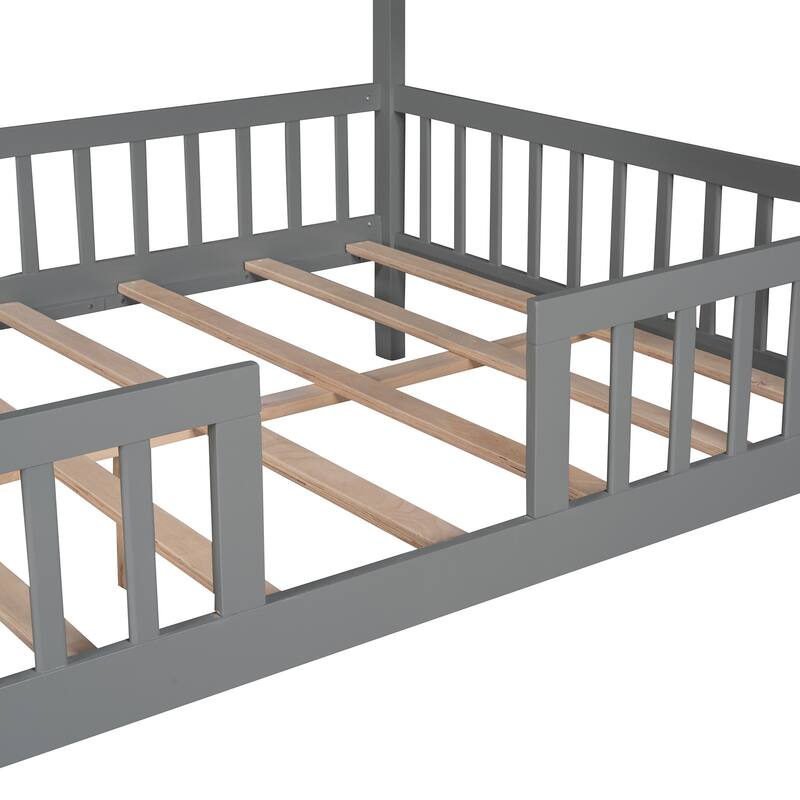Platform Bed for Kids Teens, House Shaped Bed with Fence and Roof, Solid Wood Low Bedframe w/Slats Support, No Box Spring Needed
