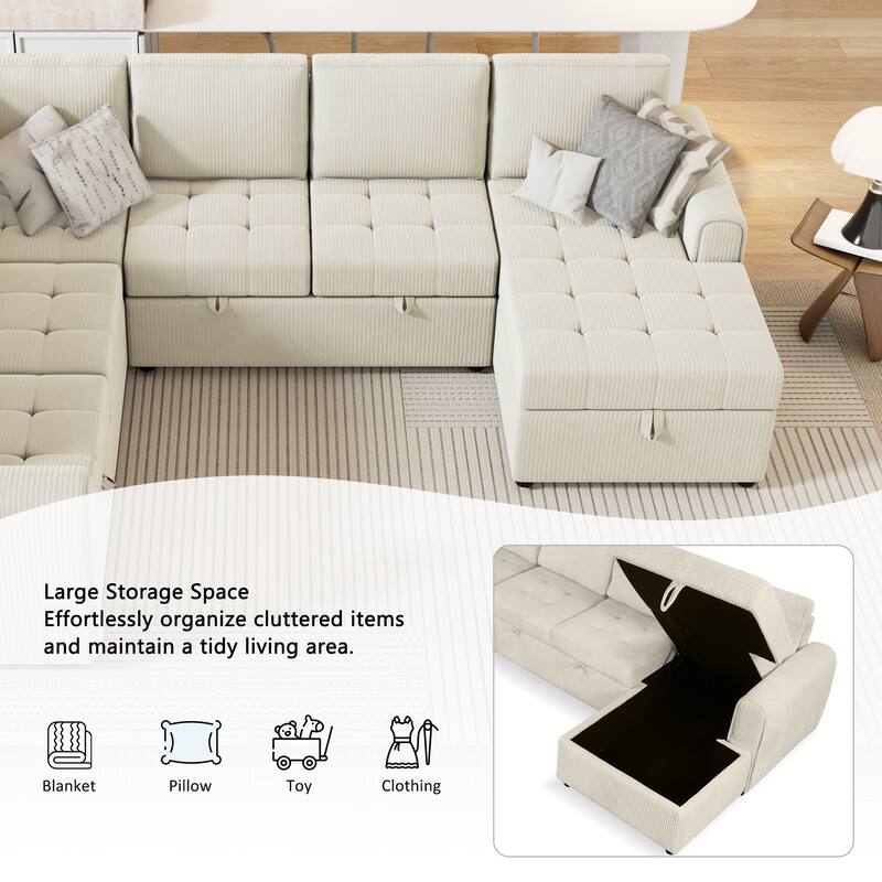 Convertible Sectional Sleeper Sofa with Pull Out Bed, Storage Chaise & Charging Devices, Oversized Corduroy U-Shaped Cloud Sofa