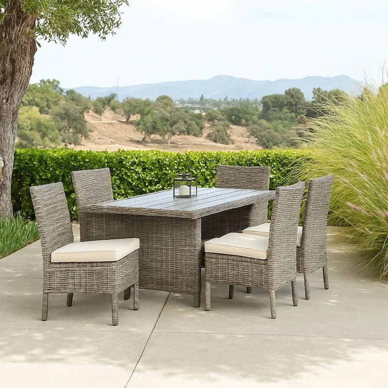 59 Inch Outdoor Aluminum Dining Table, Gray Faux Wicker Slatted Surface
