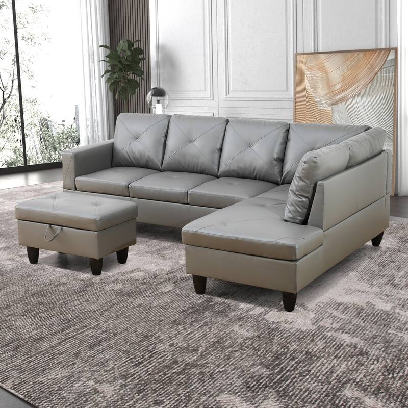 L-Shaped PU Leather Sofa & Chaise with Ottoman