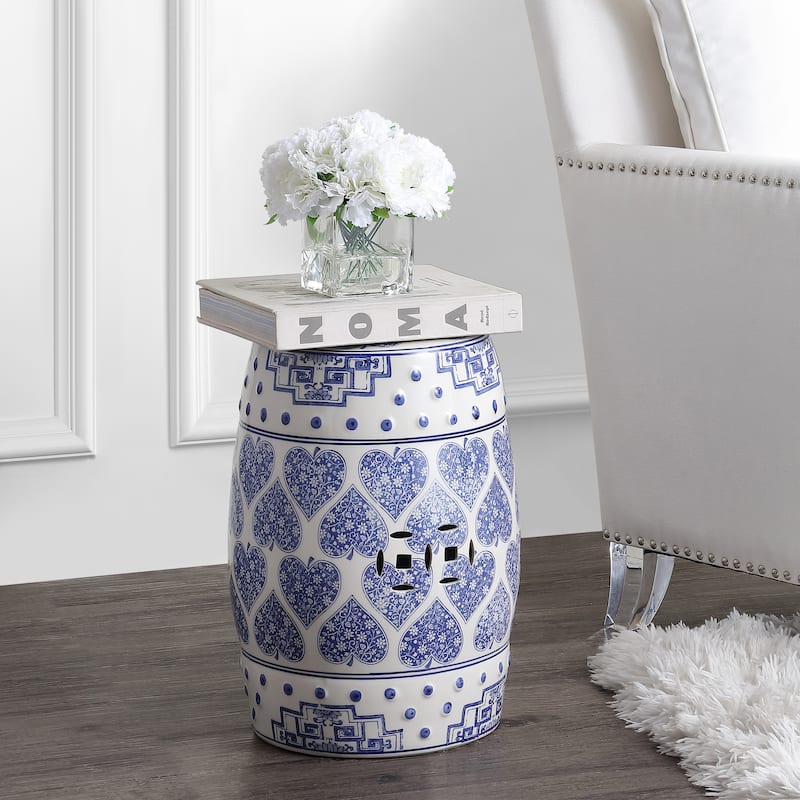 Happy Hearts 17.8" Chinoiserie Ceramic Drum Garden Stool, Blue