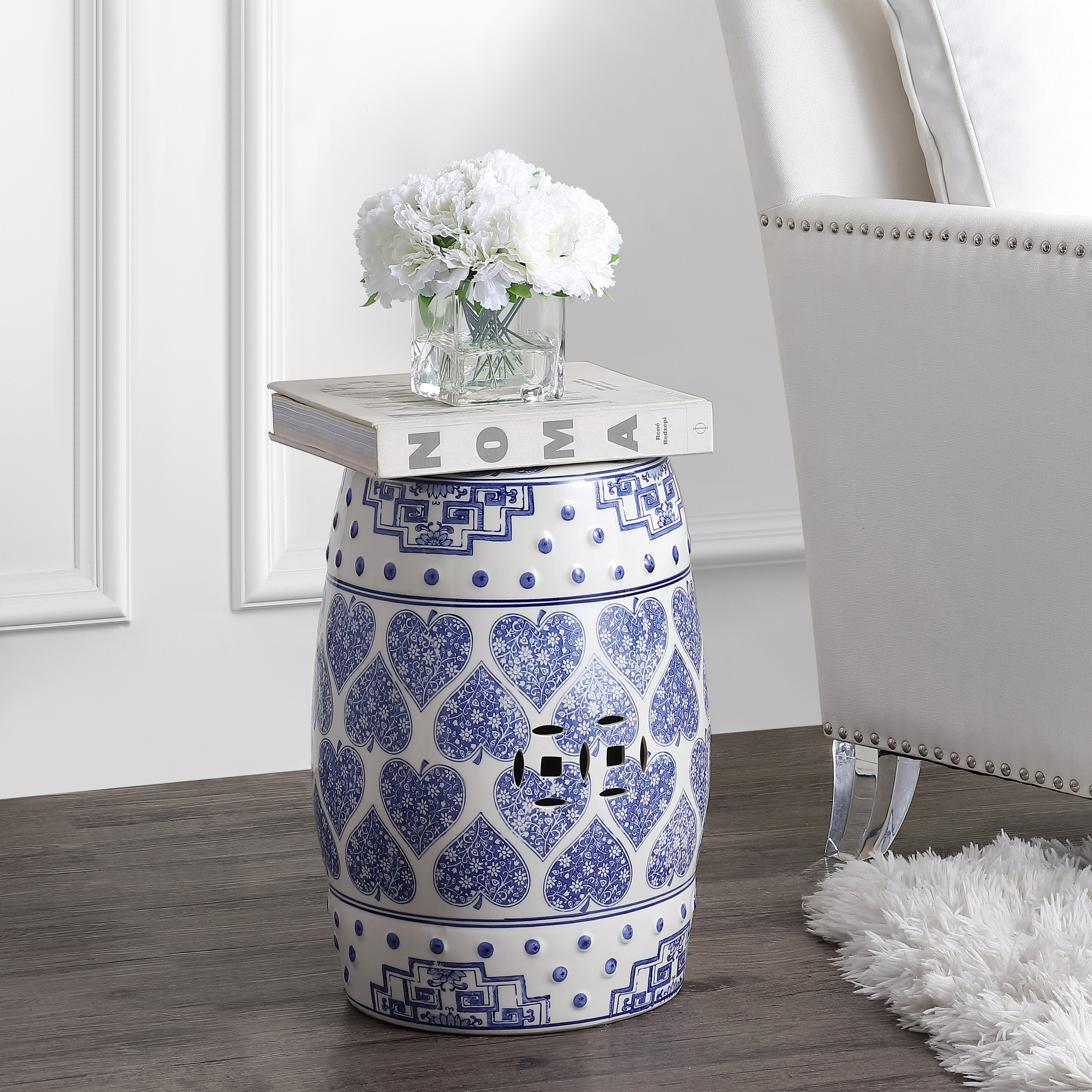 Happy Hearts Traditional Floral Chinoiserie Ceramic Drum Garden Stool, Pierced Indoor/Outdoor Patio Seat & Side Table