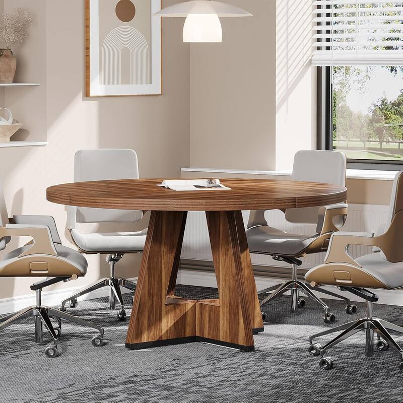 47" Round Conference Table Meeting Room Table with Thickened Top Wood Base Modern Training Desk for Conference/Seminar Room