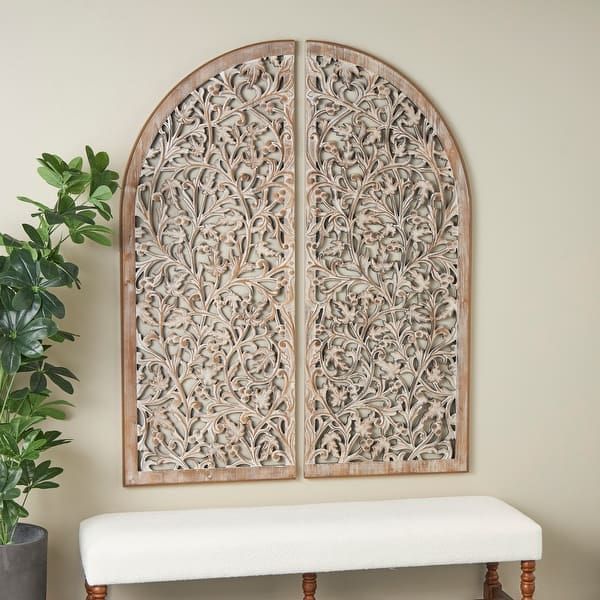 slide 2 of 24, Brown Wooden Handmade Arched Floral Wall Decor with Intricate Carvings (Set of 2) Brown - 24"W, 60"H