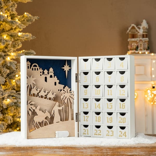 slide 2 of 10, Glitzhome 17"L Lighted Wooden Nativity Advent Calendar for Adults & Kids Christmas Decoration - Nativity Advent Calendar
