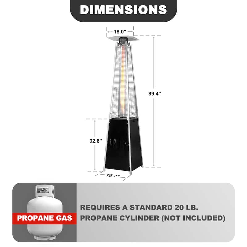 Outdoor 48,000 BTU Pyramid Propane Gas Patio Heater with Wheels, Glass Tube, Black