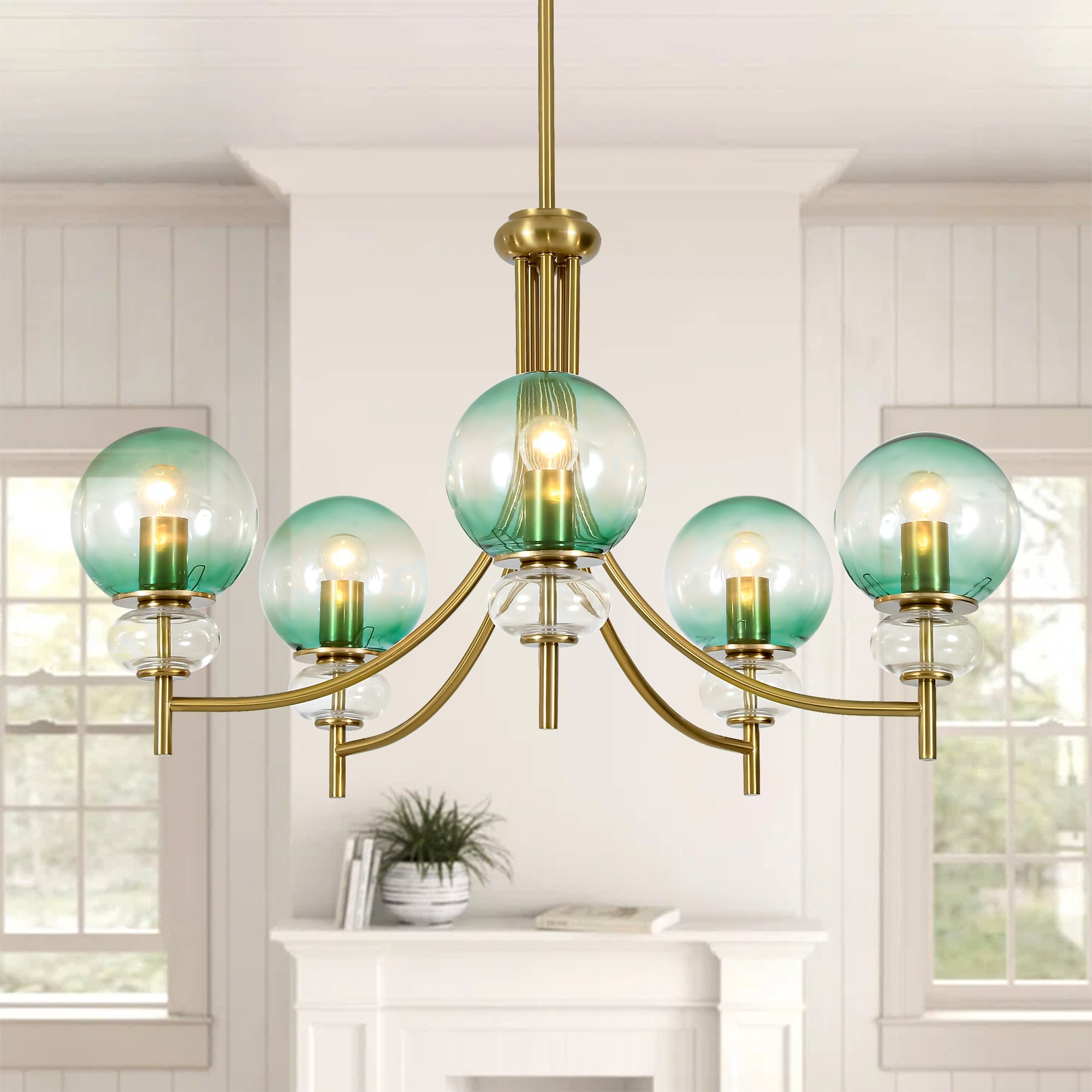 5-Light Green Glass Chandelier, Modern Gold Frame Hanging Light for Dining Room Kitchen Island - 30.7" W x 18" H