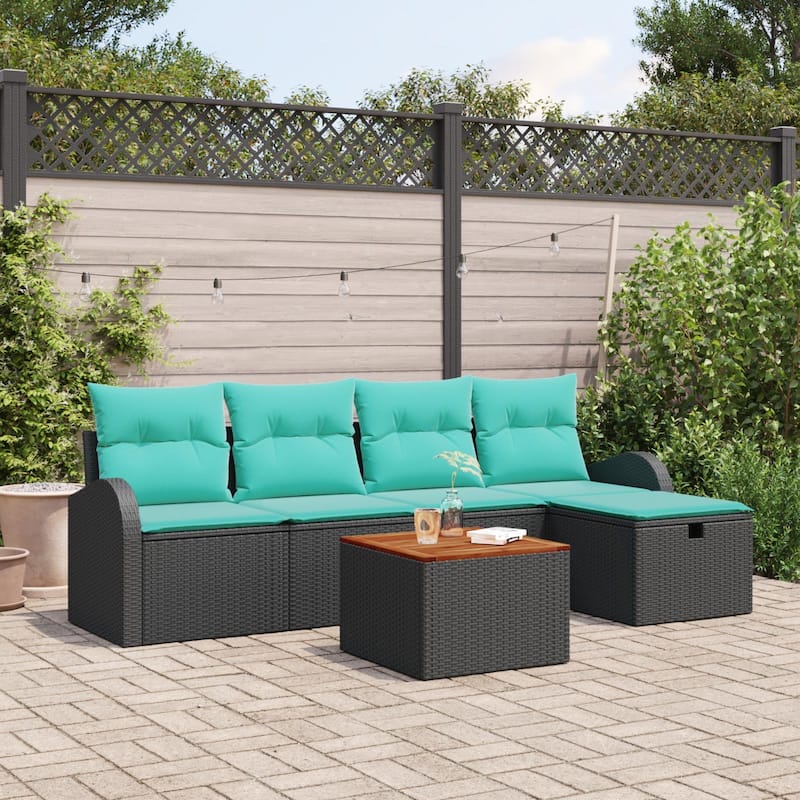 vidaXL 6 Garden Sofa Set with Cushions Black/Grey Poly Rattan - 92.1 x 46.1 x 27.2 - Black