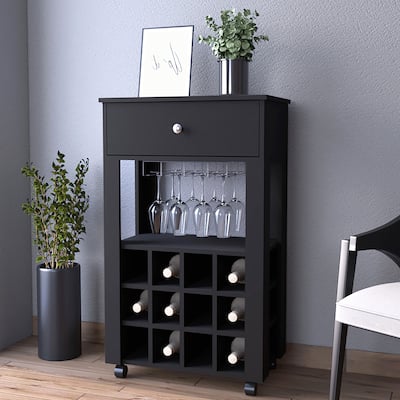 12-Bottle Wine Rack Bar Cart with Stemware Rack, Drawer, and Caster Wheels, Black Finish