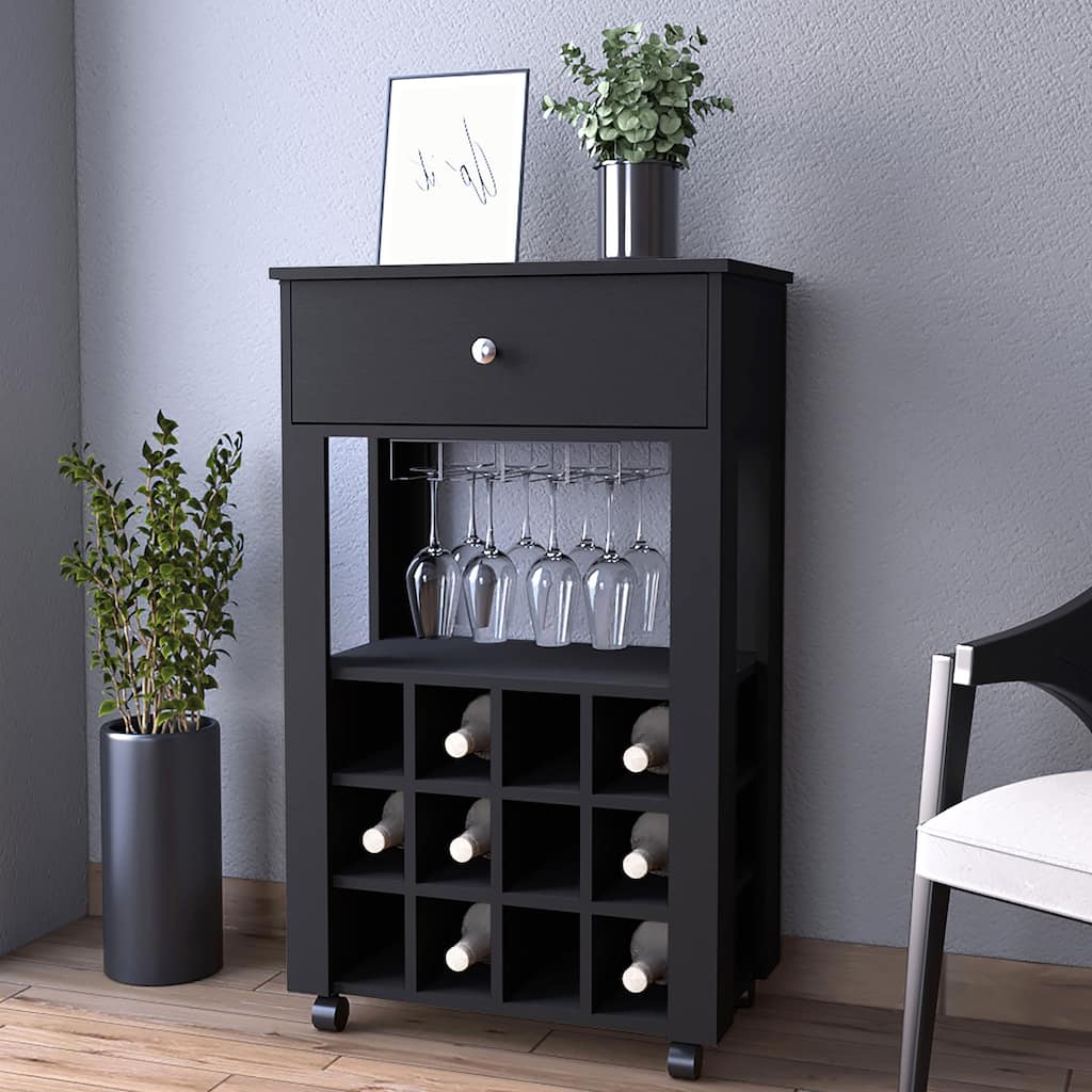 12-Bottle Wine Rack Bar Cart with Stemware Rack, Drawer, and Caster Wheels, Black Finish