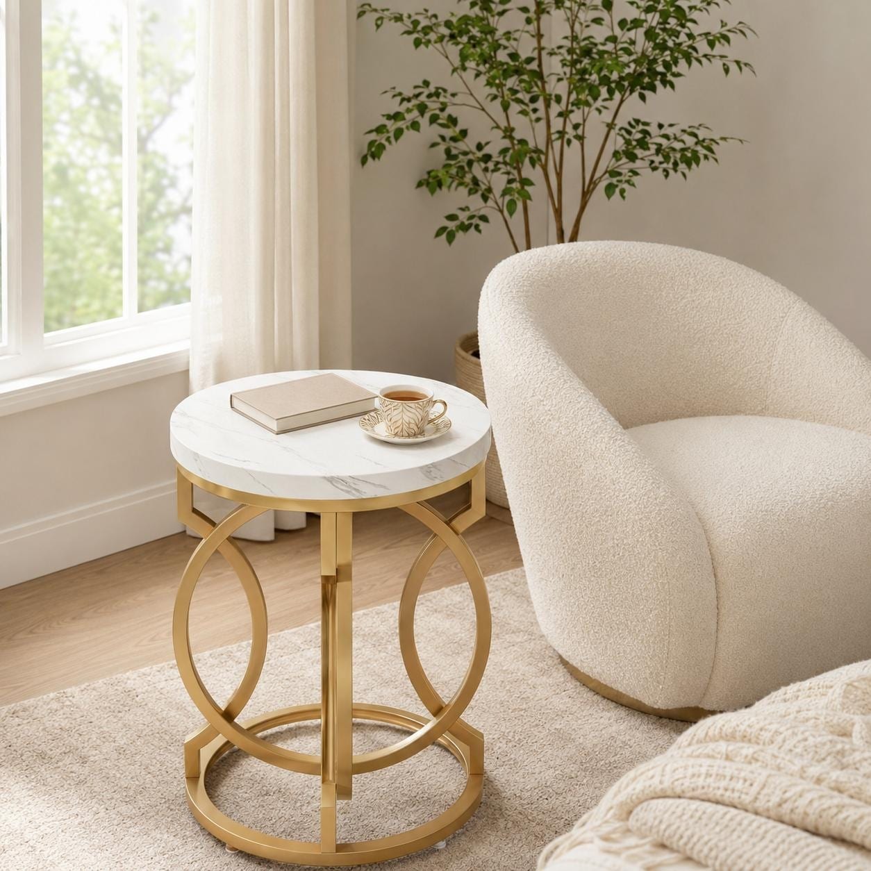 Round Faux Marble End Table with Gold O-Shaped Metal Base