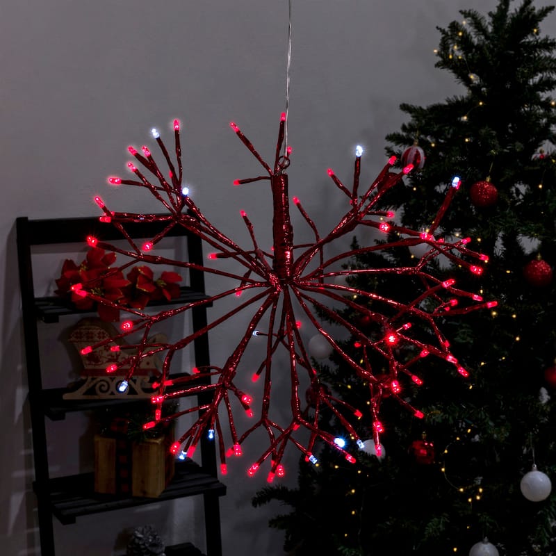 Alpine Corporation 16"H Indoor Holiday 3D Snowflake Hanging Ornament with LED Lights - Red