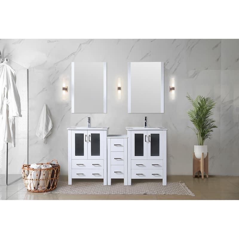 Volez Double Bath Vanity with Side Cabinet, Faucet Set, White Ceramic Top and Mirrors