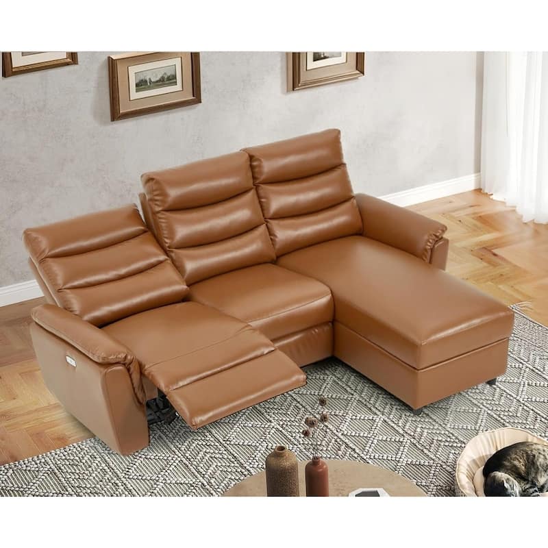 AECOJOY Power Reclining Sectional Sofa, PU Leather Sleep Sofa Bed with Storage Chaise, Adjustable Backrest & Footrest - Brown