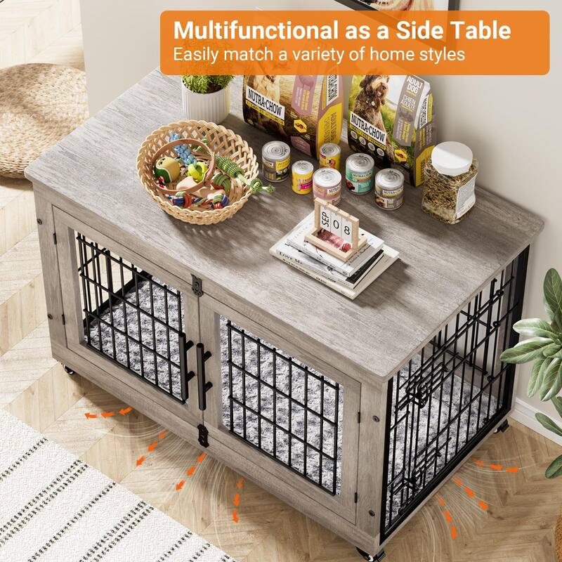 Dog Crate Indoor Heavy Duty Double Doors Wooden Dog Cage with Cushion