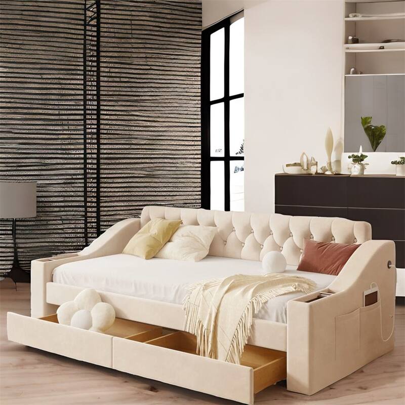Twin Size Velvet Upholstered Daybed with Storage Armrests and USB Port - Beige