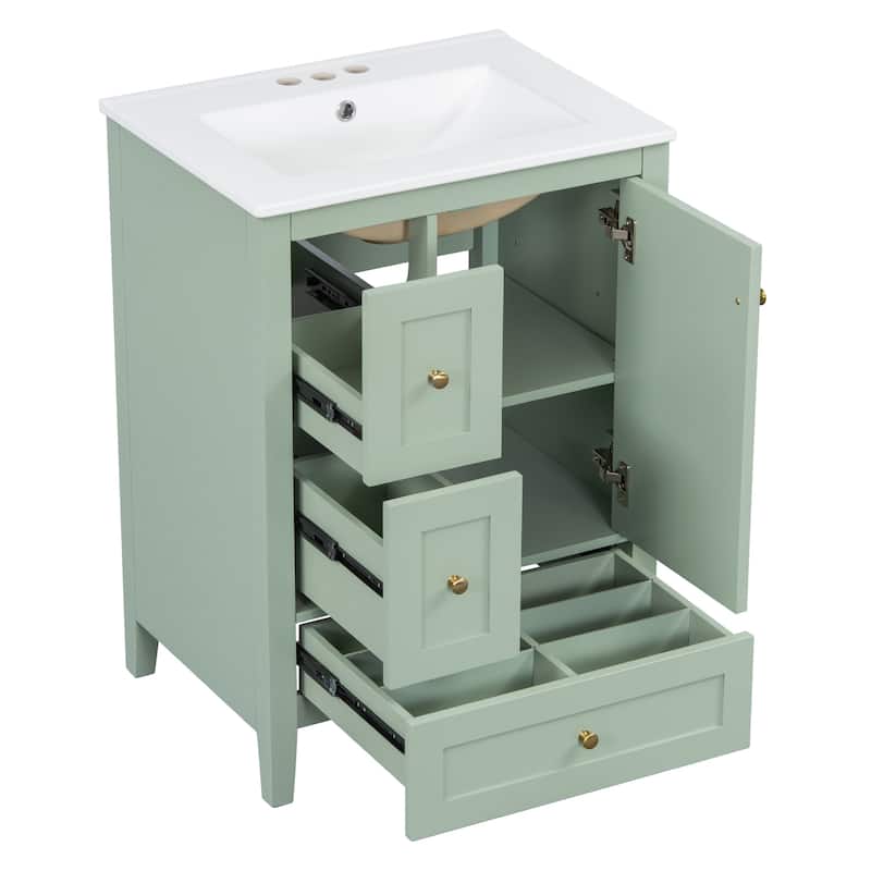 24-Inch Bathroom Vanity with Storage, Adjustable Shelf, MDF & Rubberwood, Removable Dividers