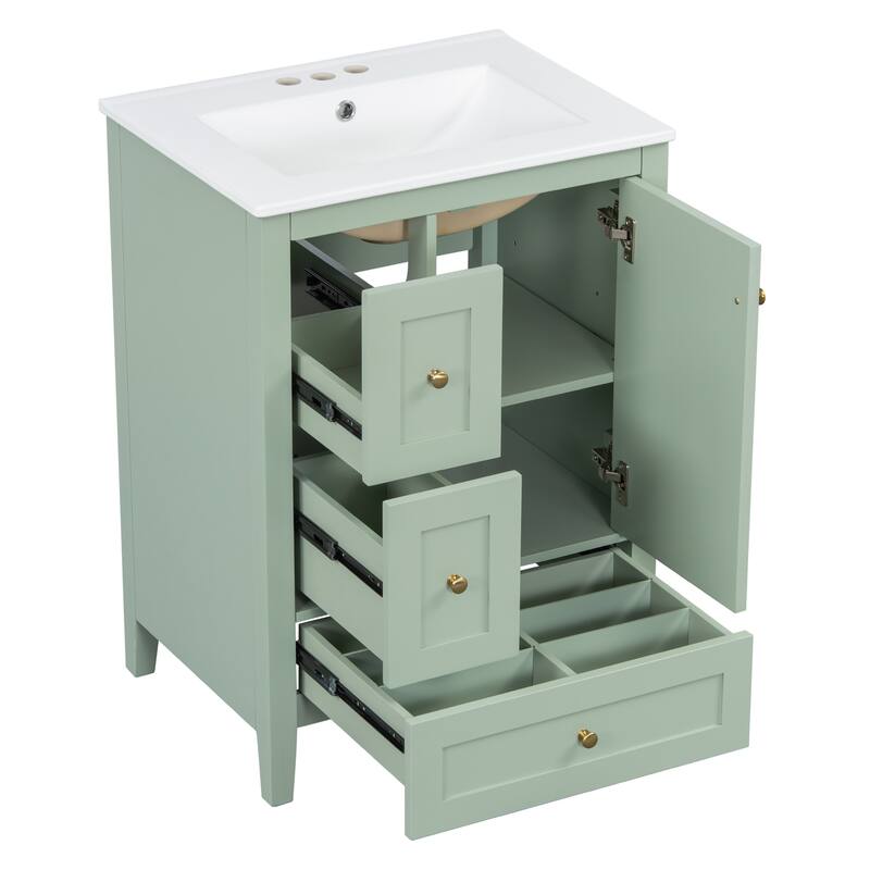 Roomfitters 24" Bathroom Vanity with Sink, Solid Wood Legs, 3 Drawers with Removable Dividers & Adjustable Shelf