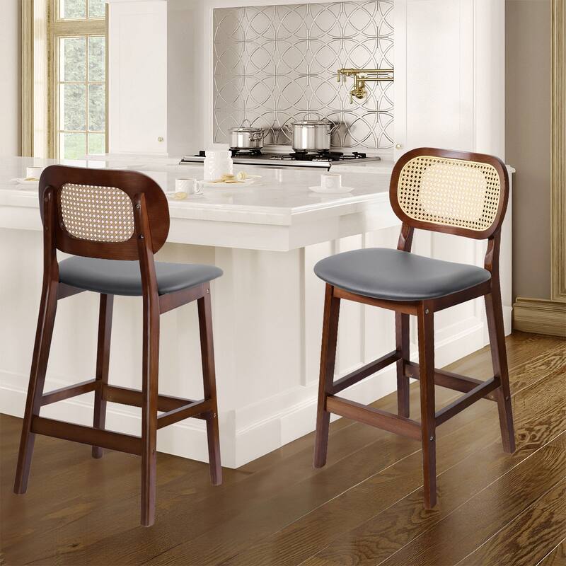 Wood Upholstered Counter Height Bar Stools with Rattan Back - 36.81"H x 17.72"W x 18.7"D