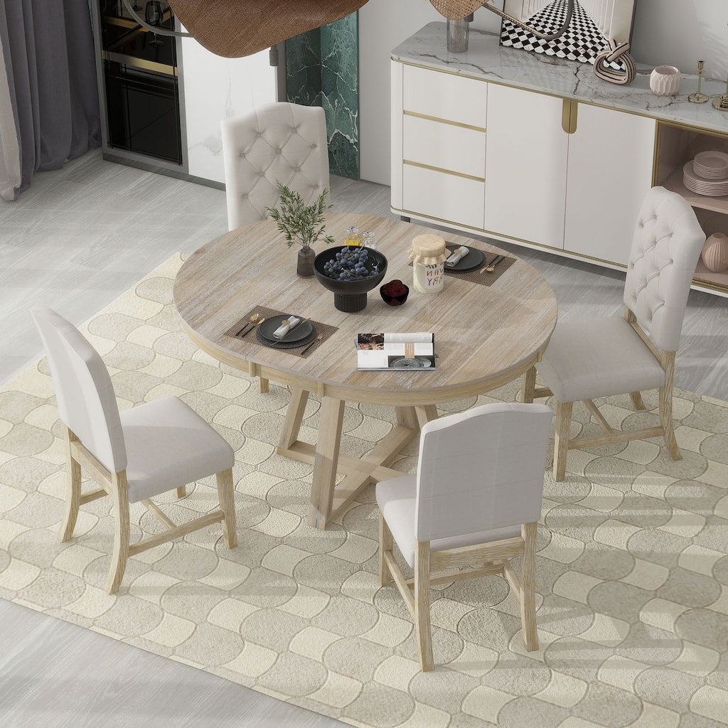 Retro 5-Piece Dining Set with Extendable Round Table and Upholstered Chairs for Elegant Dining and Kitchen