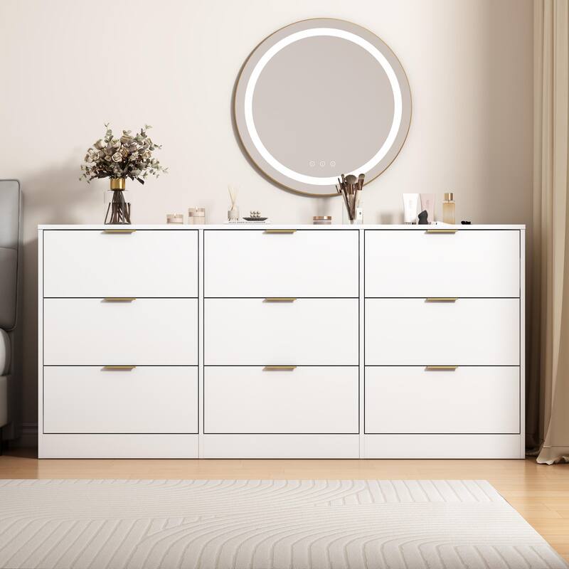 63" Long Dresser for Bedroom, Wooden Dresser Chest of 9 Drawers Storage Cabinet for Living Room Entryway - White - 9-drawer