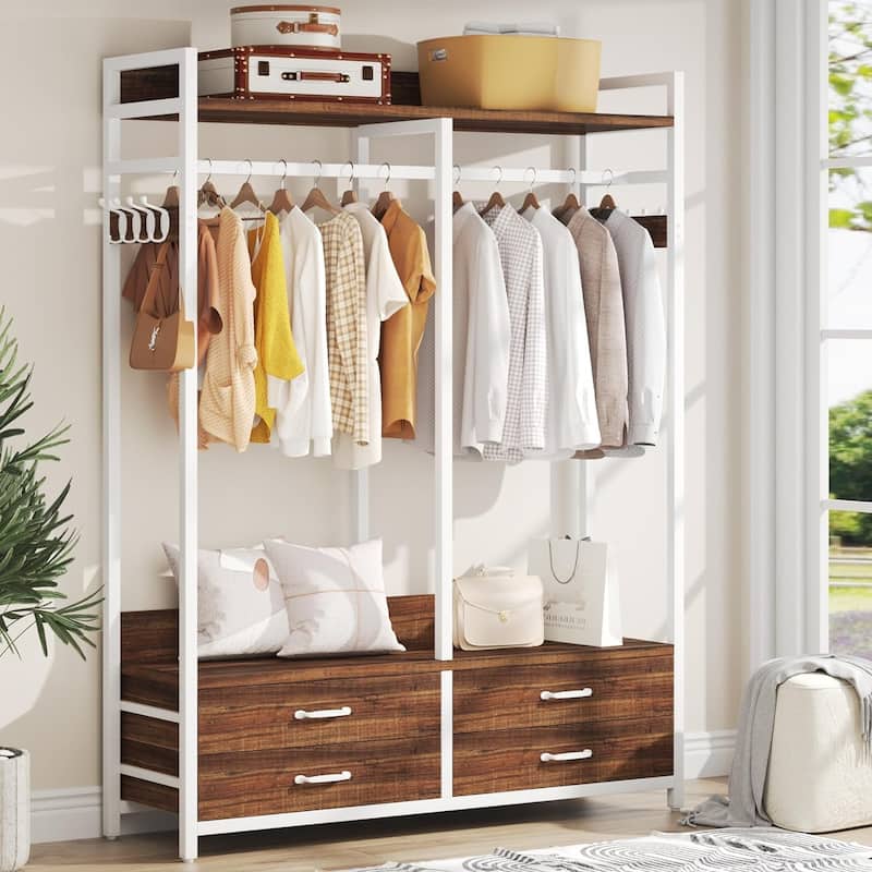 47.2" W Freestanding Closet Organizer for Hanging Clothes, Heavy Duty Garment Rack with 4 Drawers, 8 Hooks and Storage Shelves
