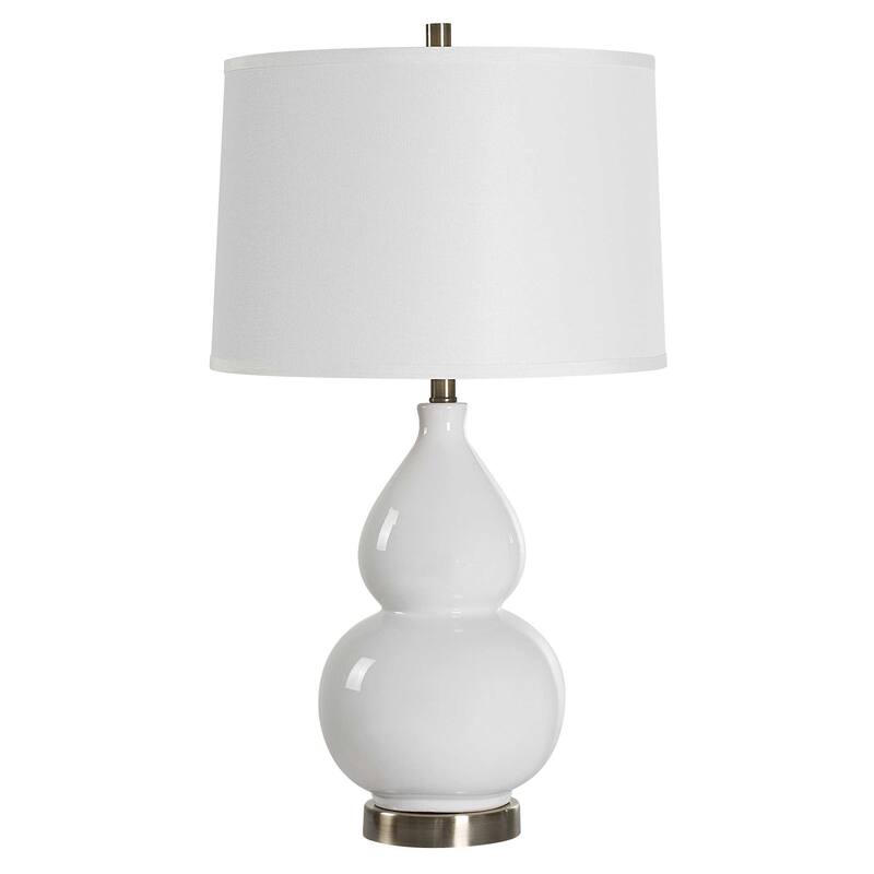 Roe Table Lamp, White Linen Shade, White Gourd Ceramic Body, 26 Inch