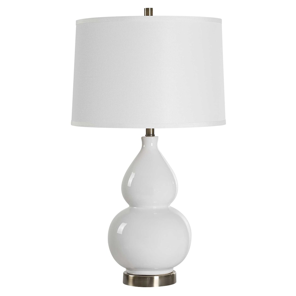 Roe Table Lamp, White Linen Shade, White Gourd Ceramic Body, 26 Inch