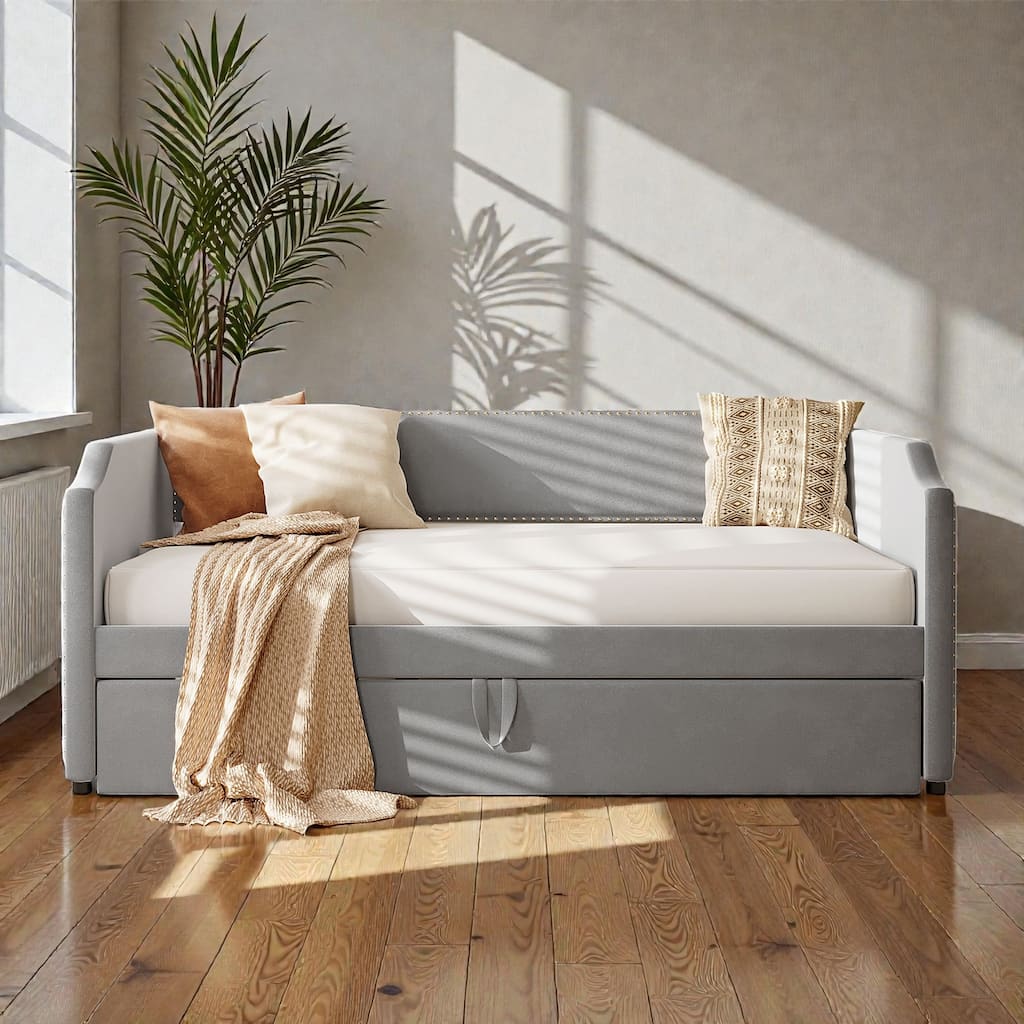 Twin Size Velvet Upholstered Daybed with Pop Up Trundle, 2-in-1 Sofa Bed for Guest Room or Kids Room