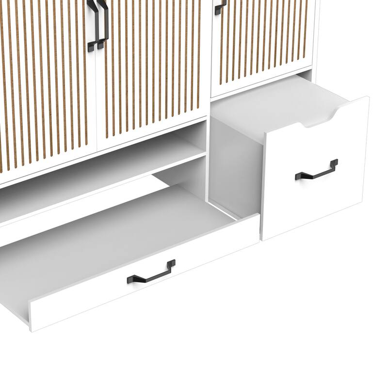 Shoe Cabinet with Adjustable Shelves, Stool & Retractable Toe-Kick Drawer, Freestanding Narrow Shoe Rack Organizer