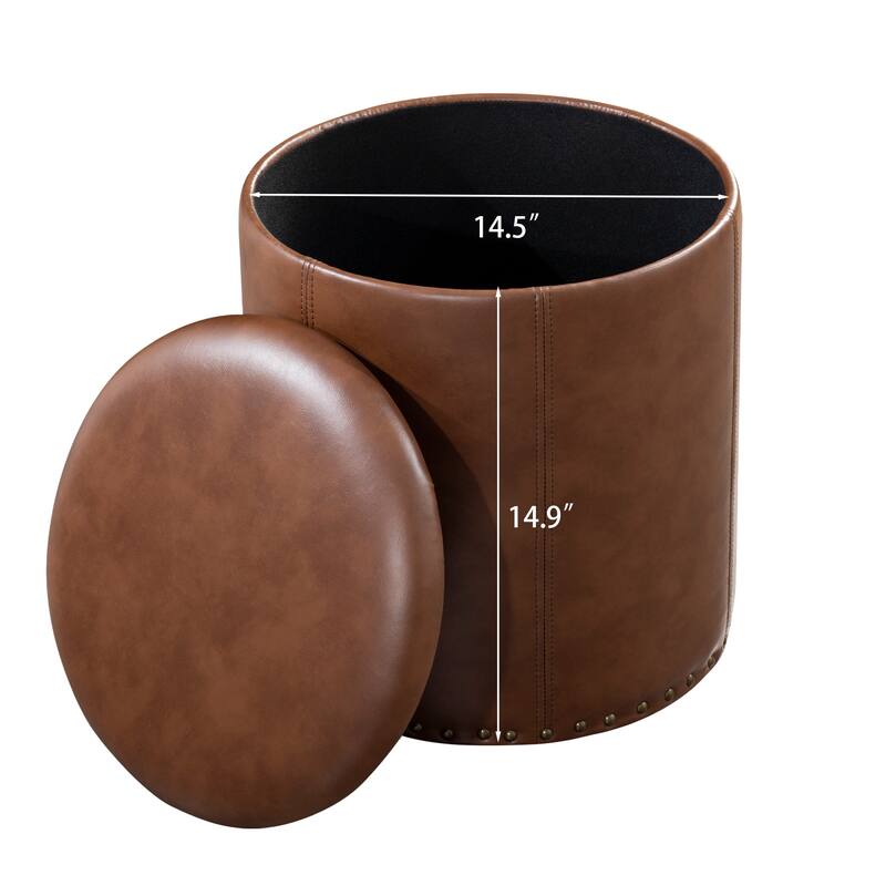 Adeco Round Faux Leather Storage Ottoman with Nailhead Trim