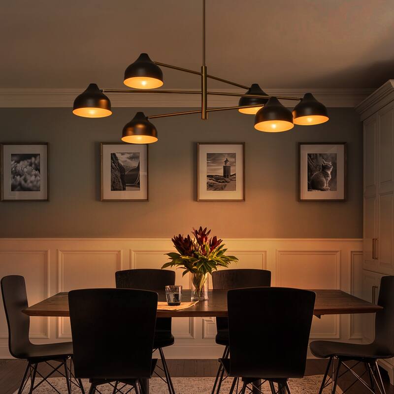 6-Light Mid-Century Matte Black & Gold Linear Chandelier Iron Shades - W 55.12-in