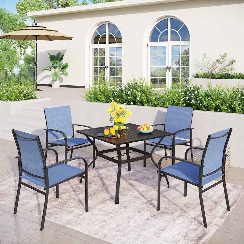 MAISON ARTS 5-Piece Patio Dining Set, 37 Inch Square Metal Table and 4 Textilene Dining Chairs - Blue Chairs