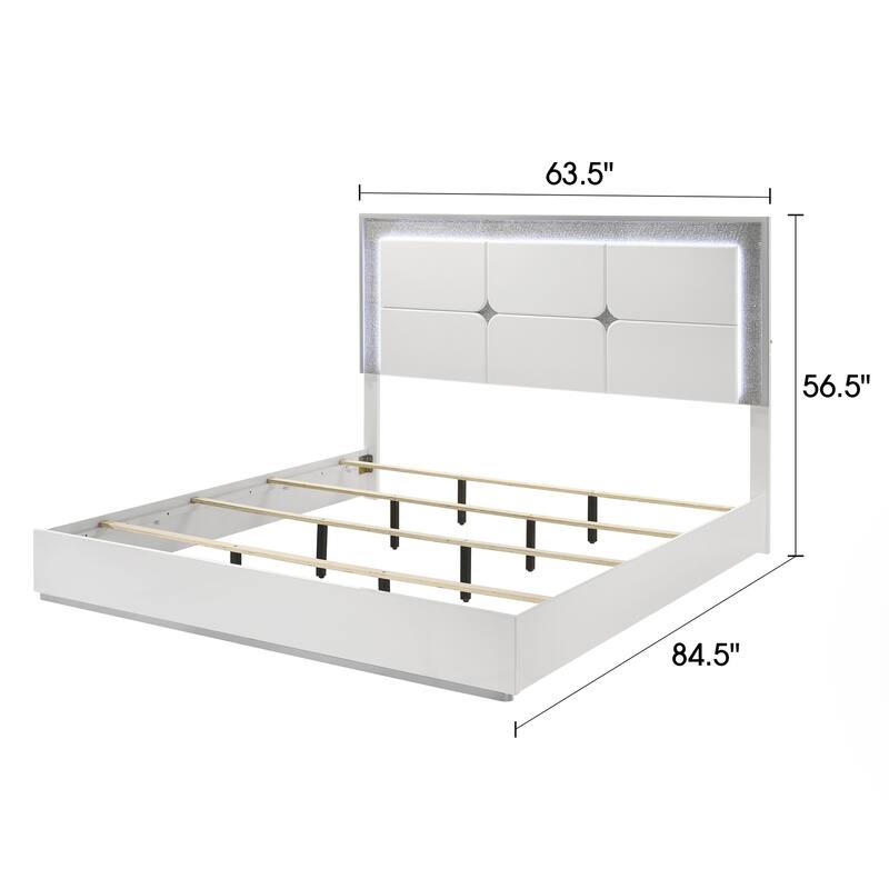 Luxurious LED Silver Rhinestone Trim on Headboard & Beveled Bed Platform Bed