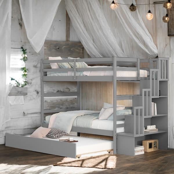 slide 2 of 9, Twin Over Twin Bunk Bed with Twin Trundle and Stairway Storage, Sturdy Pinewood Frame Grey