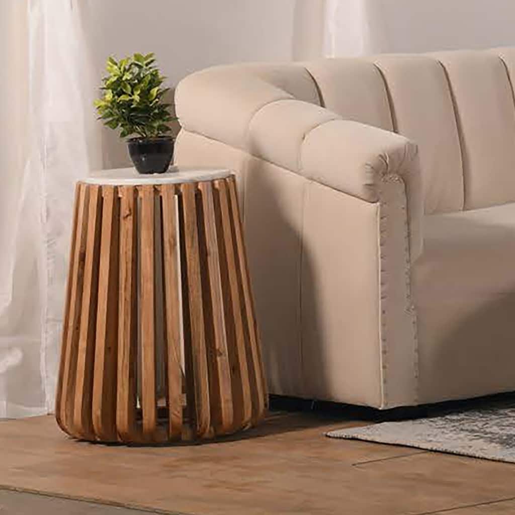 Brixton Round Solid Wood and Marble End Table