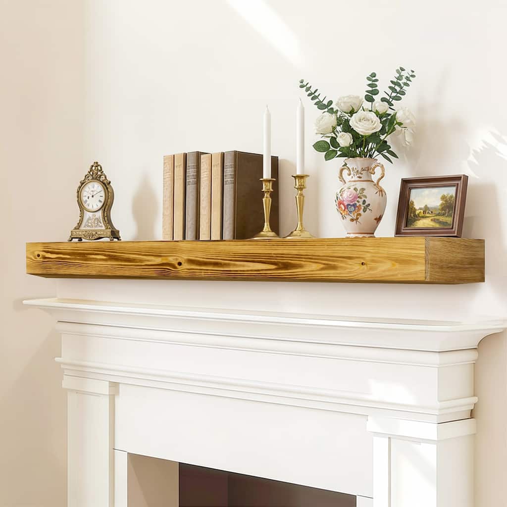 60" Fireplace Mantel, Rustic Mantle Shelf with Invisible Brackets, Handcrafted Wood Floating Fireplace Mantel, Wall Mounted