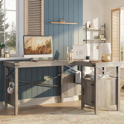 Farmhouse L-Shaped Home Office Computer Desk with Storage Cabinet
