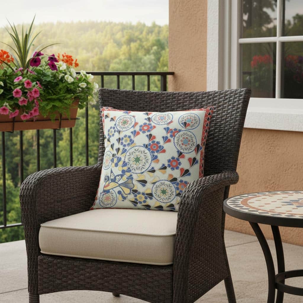 HomeRoots 26" x 26" Light Green Peacock Blown Seam Floral Indoor Outdoor Throw Pillow - 26.00' X '5.00' X '26.00