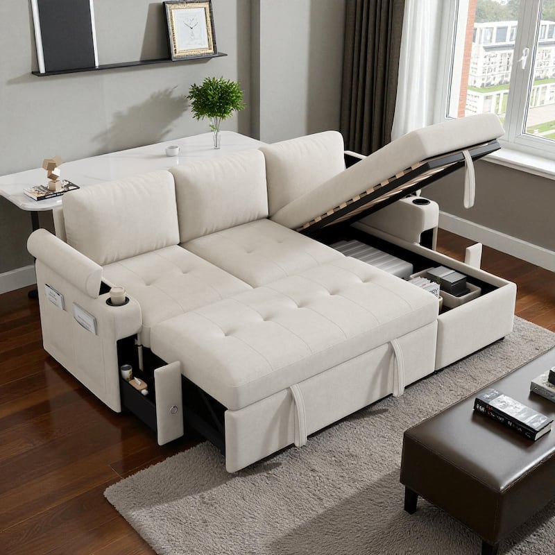 83.5" L-Shaped Convertible Sectional Sofa Bed with Storage Chaise Cup Holders USB Ports Chenille Couch for Living Room