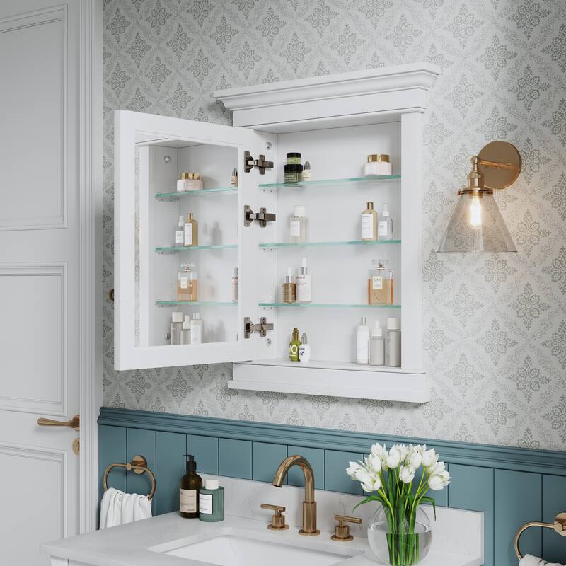 26"W x 32"H Recessed Wall-Mounted Solid Wood Medicine Cabinet with Adjustable Glass Shelves