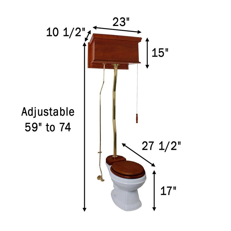 Light Mahogany High Tank Toilet Raised Tank, White Round Bowl and Brass Z Pipe